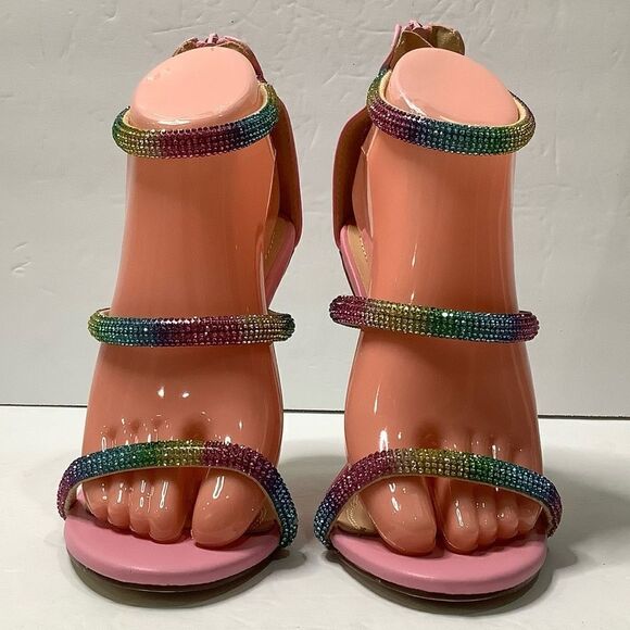 NWOB!CHASE AND CHLOE Elle Barbiecore Rainbow Rhinestone/Pink Strap Sandal Sz 7 - Picture 3 of 11
